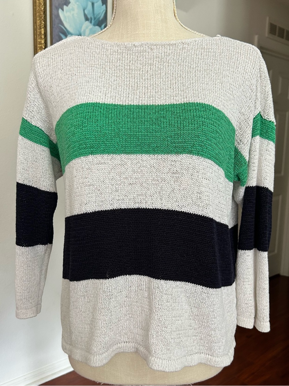 Size Chaps Sweater Size L – Grey, Green, and Black Striped Knit / Boat Neck